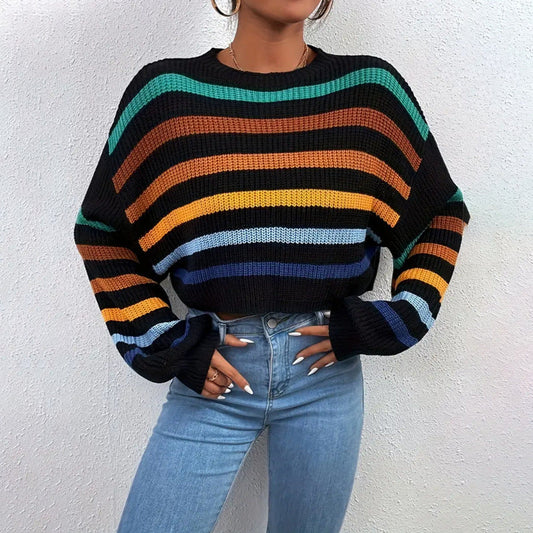Oversized Women's Sweater with Striped Design and Dropped Shoulders - Knit Crew Neck 2