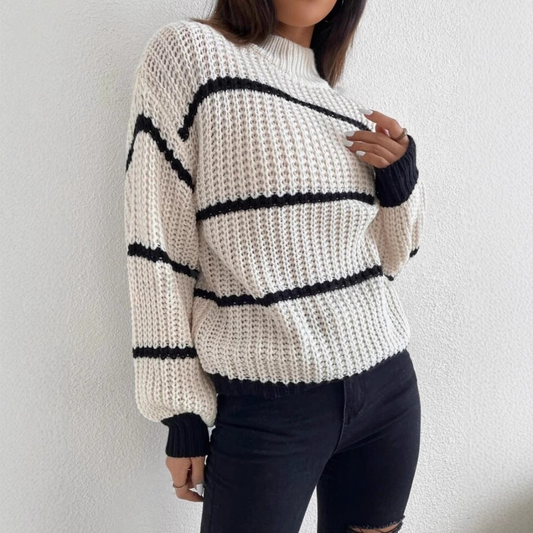 Womens Relaxed Fit Knit Sweater with Textured Stripes 2