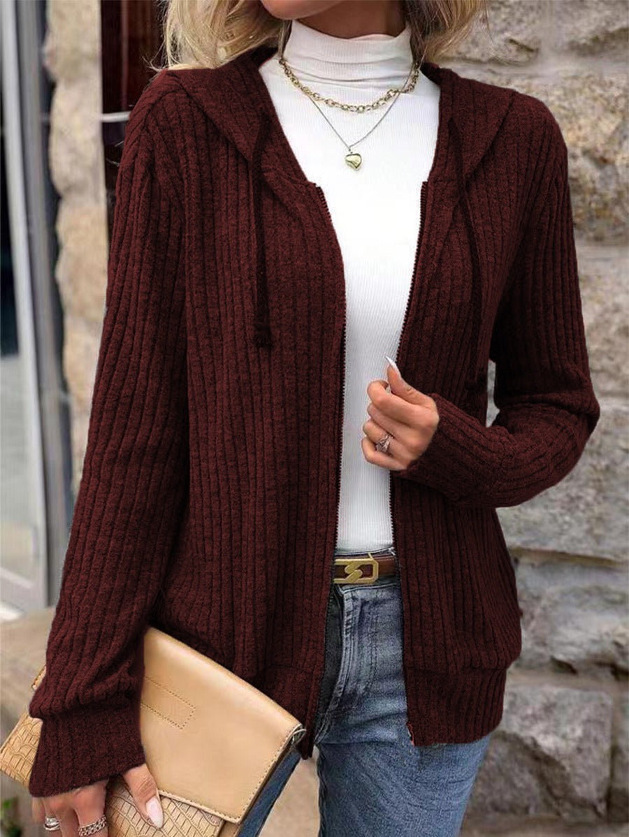 Womens Hooded Knit Sweater - Relaxed Fit with Ribbed Texture and Zip Front 4