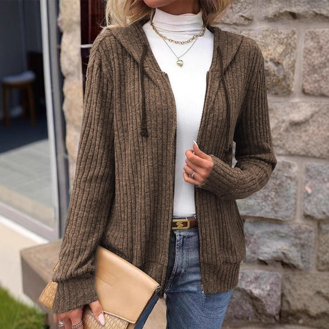 Womens Hooded Knit Sweater - Relaxed Fit with Ribbed Texture and Zip Front 5