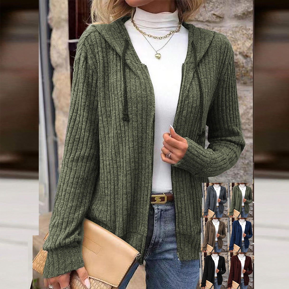 Womens Hooded Knit Sweater - Relaxed Fit with Ribbed Texture and Zip Front 6