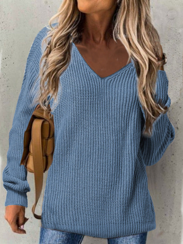 Women’s Oversized V-Neck Sweater – Ribbed Texture Long Sleeve Casual Knit 1