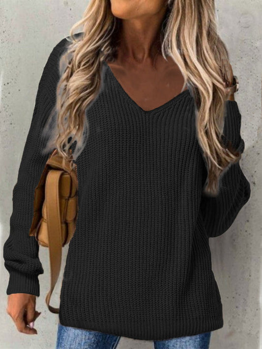 Women’s Oversized V-Neck Sweater – Ribbed Texture Long Sleeve Casual Knit 2