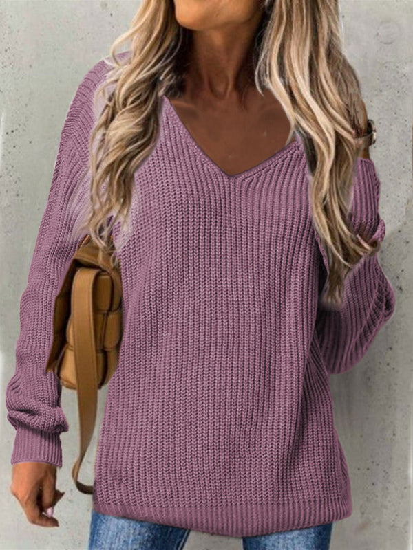 Women’s Oversized V-Neck Sweater – Ribbed Texture Long Sleeve Casual Knit 10