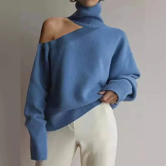 Womens Oversized Knit Sweater - Wool Blend Turtleneck with Shoulder Cut-Out 2