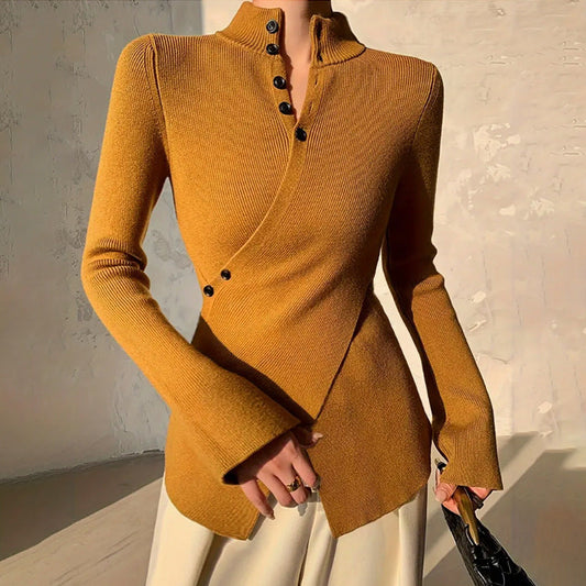 Chic Womens Knit Top - Slim Fit, High Neck, Asymmetric Hem 2