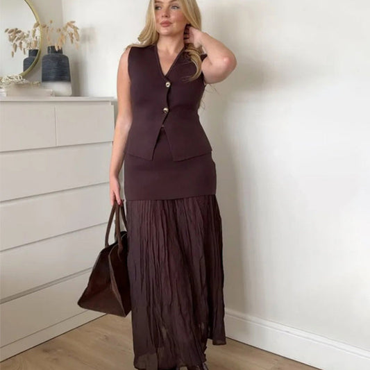 Women's Knitted Sleeveless Vest Top and Maxi Skirt Set 0