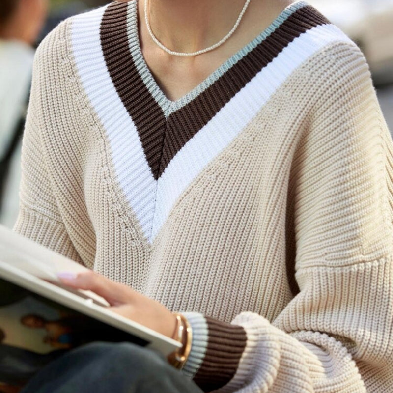 Women's Knitted Striped Pattern V-Neck Oversized Sweaters 0