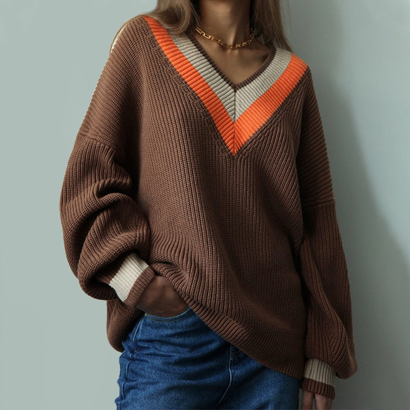 Women's Knitted Striped Pattern V-Neck Oversized Sweaters 1