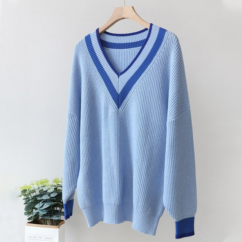 Women's Knitted Striped Pattern V-Neck Oversized Sweaters 5