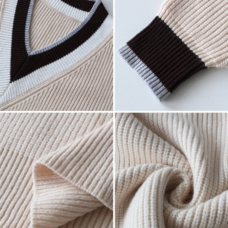 Women's Knitted Striped Pattern V-Neck Oversized Sweaters 8