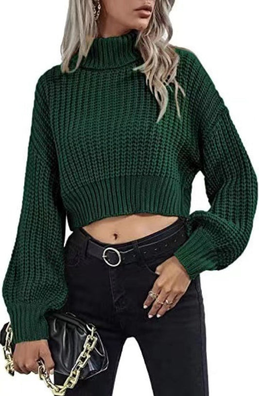 Cropped Women's Sweater with High Neck and Balloon Sleeves - Soft Wool Blend 2
