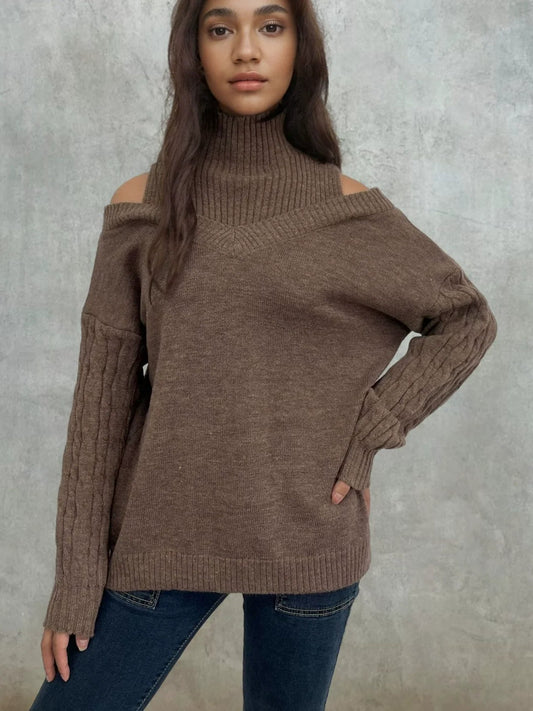 Off-Shoulder Cable Knit Women's Sweater with Lantern Sleeves – Cozy Fall Fashion 2