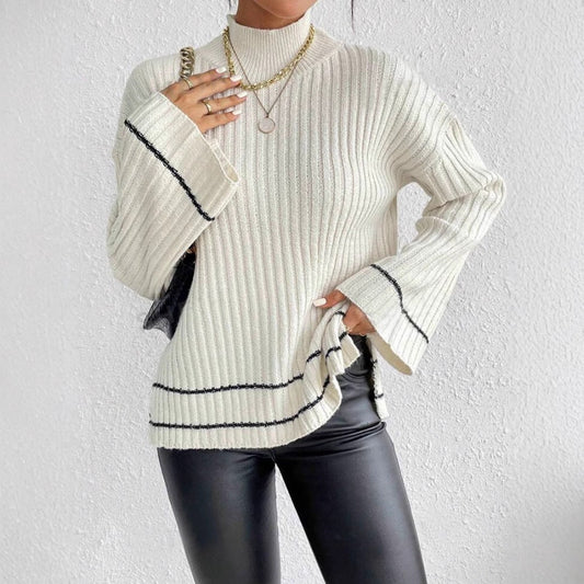 Oversized Women's Knitted Sweater with Ribbed Mock Neck and Flared Sleeves 2