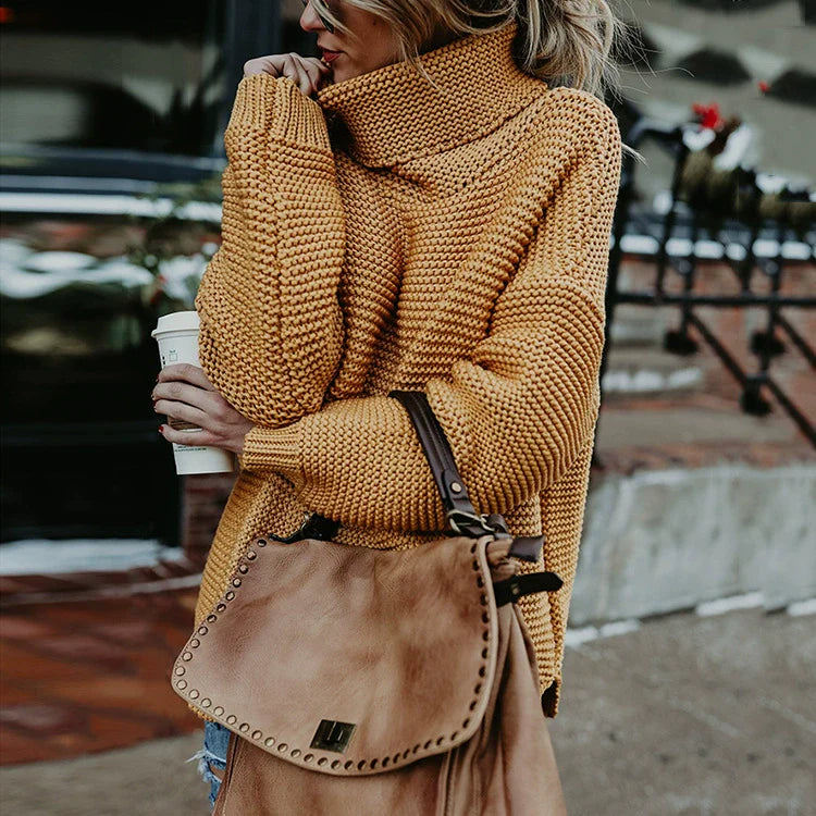 Oversized Women's Sweater with High Neck and Ribbed Texture - Cozy Long Sleeve 3