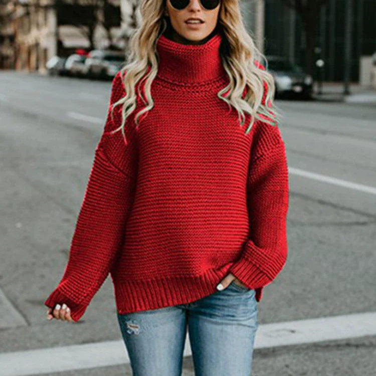 Oversized Women's Sweater with High Neck and Ribbed Texture - Cozy Long Sleeve 4