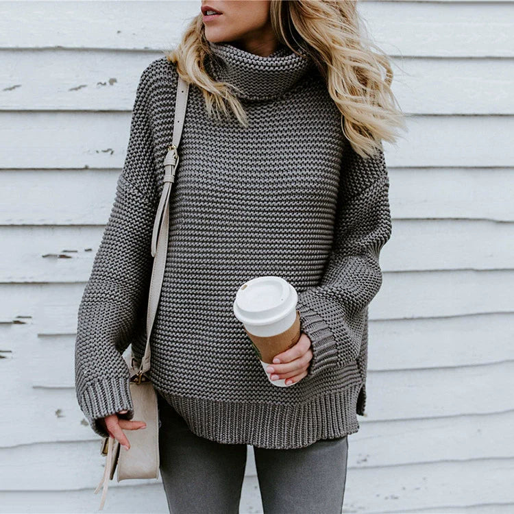 Oversized Women's Sweater with High Neck and Ribbed Texture - Cozy Long Sleeve 5