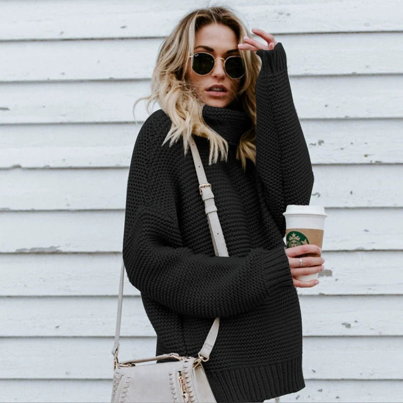 Oversized Women's Sweater with High Neck and Ribbed Texture - Cozy Long Sleeve 7