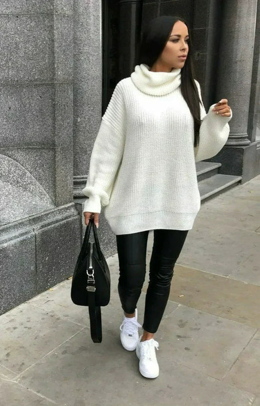 Women's Oversized Sweater, Soft Knit Turtleneck with Ribbed Sleeves - Cream 2