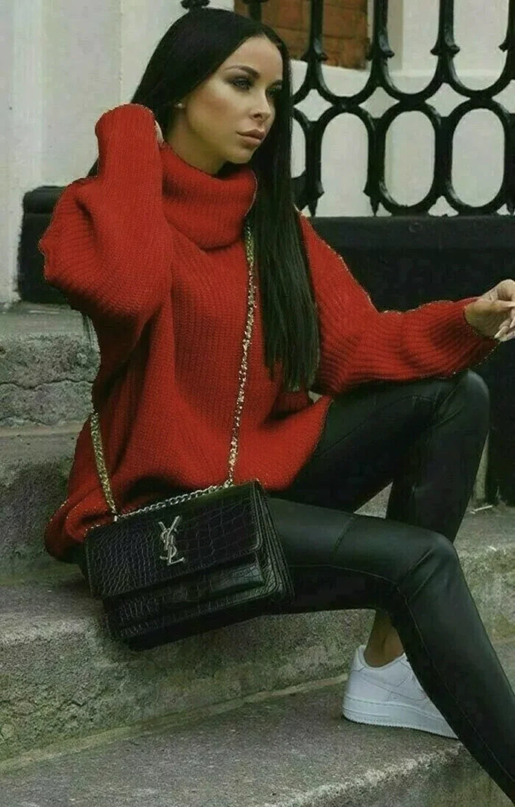 Women's Oversized Sweater, Soft Knit Turtleneck with Ribbed Sleeves - Cream 3