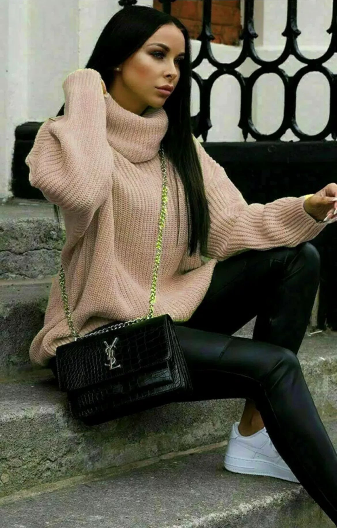 Women's Oversized Sweater, Soft Knit Turtleneck with Ribbed Sleeves - Cream 5
