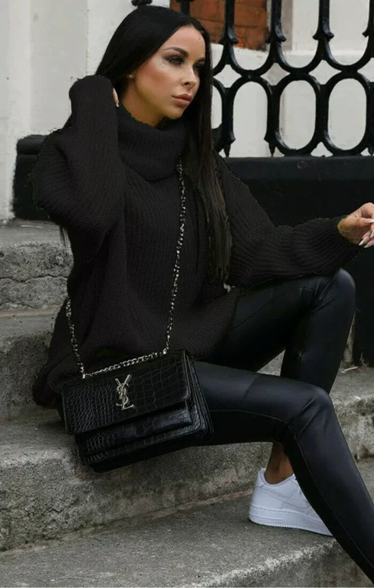 Women's Oversized Sweater, Soft Knit Turtleneck with Ribbed Sleeves - Cream 6