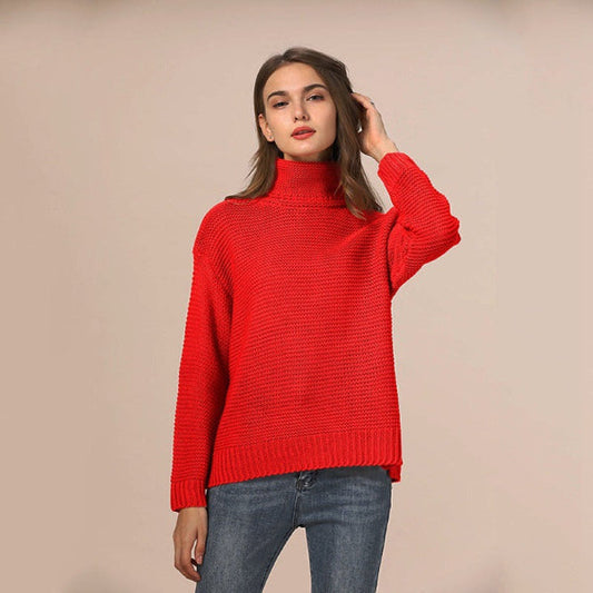 Womens Relaxed Fit Chunky Knit Sweater with Turtleneck and Ribbed Trim 2