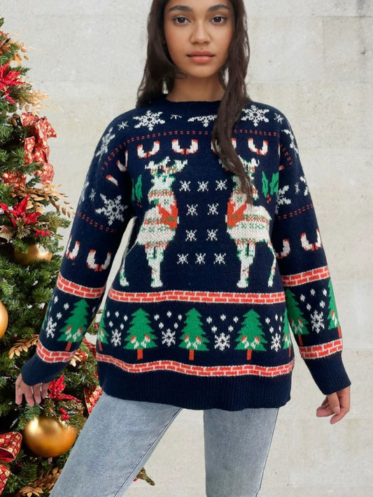 Womens Relaxed Fit Knitted Sweater - Wool Blend with Deer and Snowflake Design 2