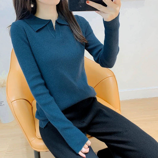 Women's Slim Fit Sweater with Lapel Collar and Ribbed Texture - Cream 2