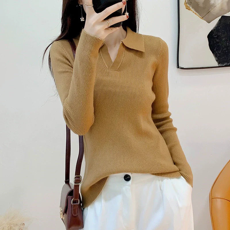 Women's Slim Fit Sweater with Lapel Collar and Ribbed Texture - Cream 3