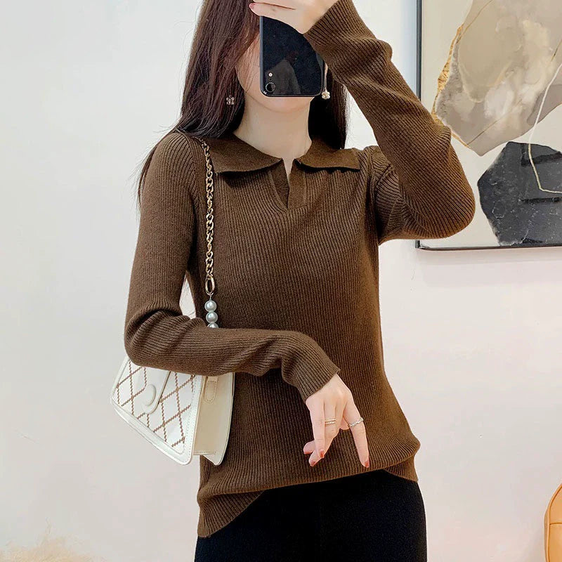 Women's Slim Fit Sweater with Lapel Collar and Ribbed Texture - Cream 4