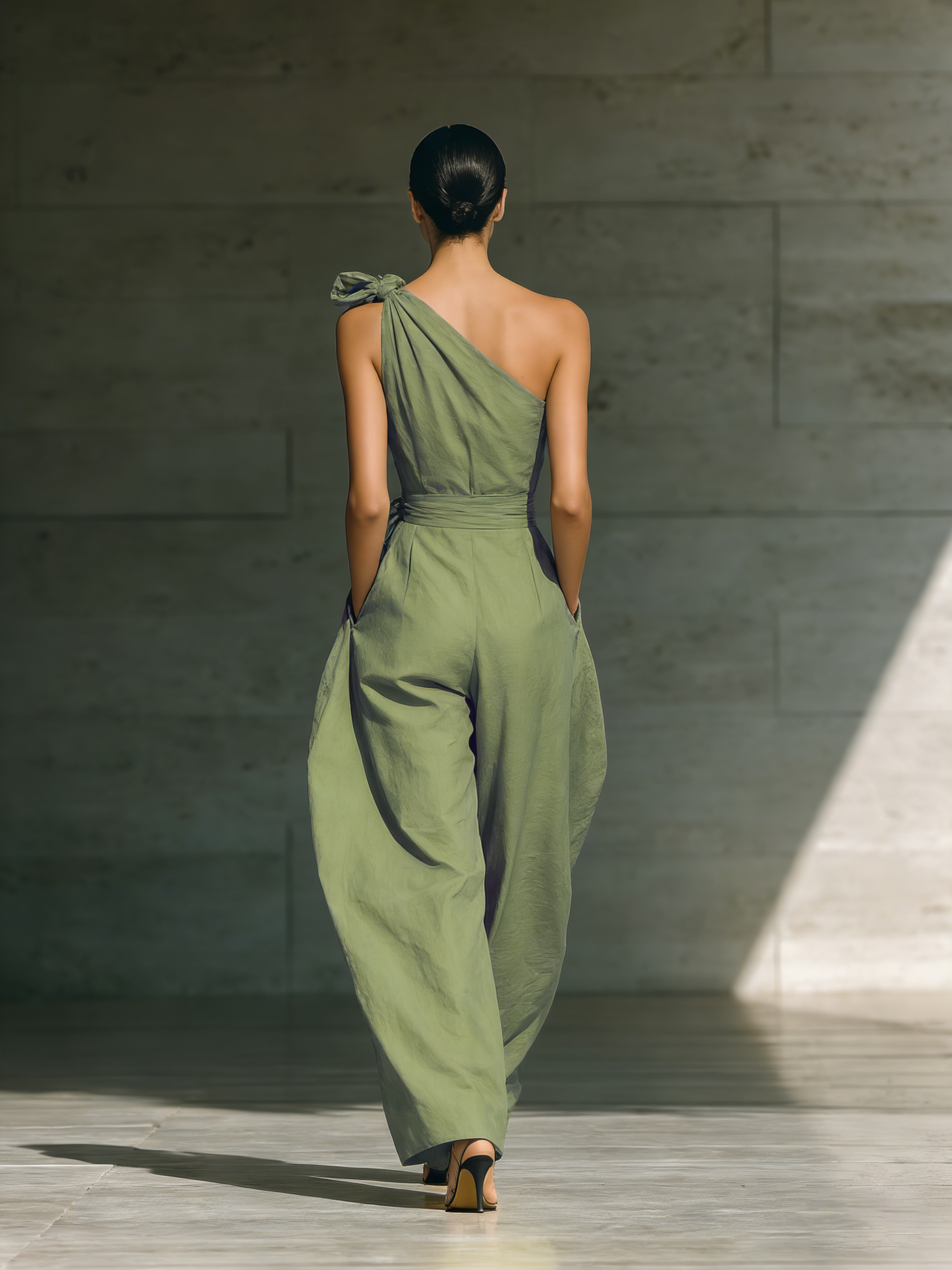 Women's Linen Blend One-Shoulder Wide-Leg Jumpsuit in Light Green – full view | Hensley London