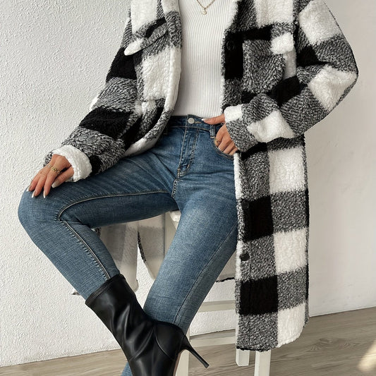 Women's Long Coat Plaid Teddy Fleece Relaxed Fit - 2