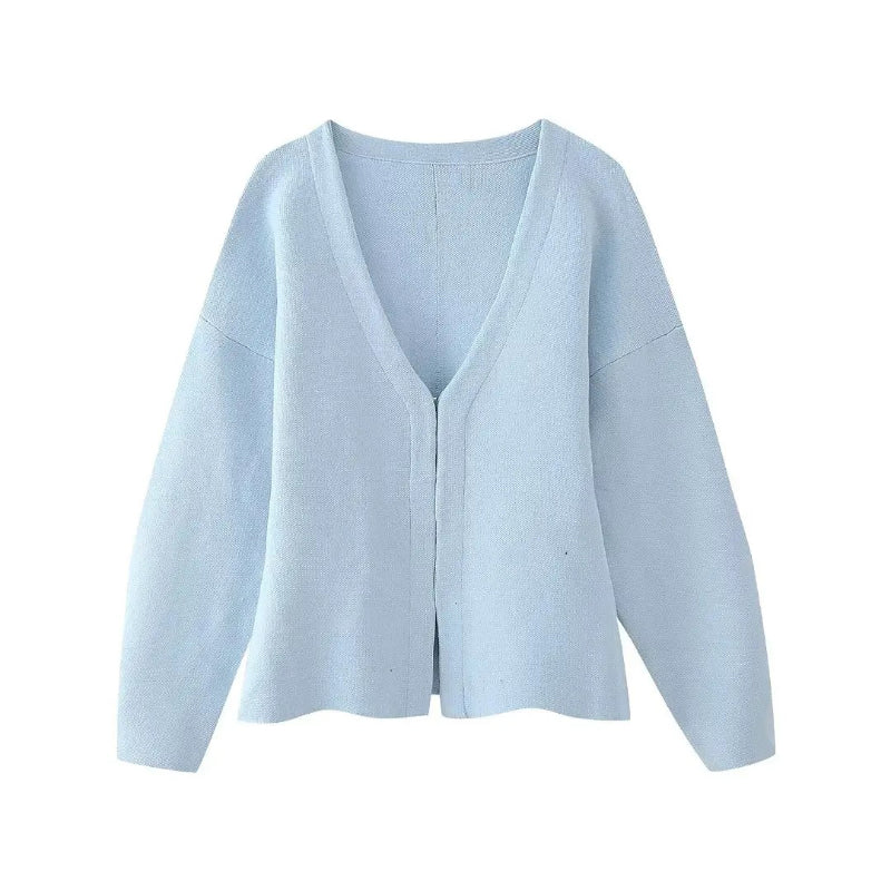 Women's Long Sleeve V-Neck Covered Button Cardigan and Mini Skirt Set 17