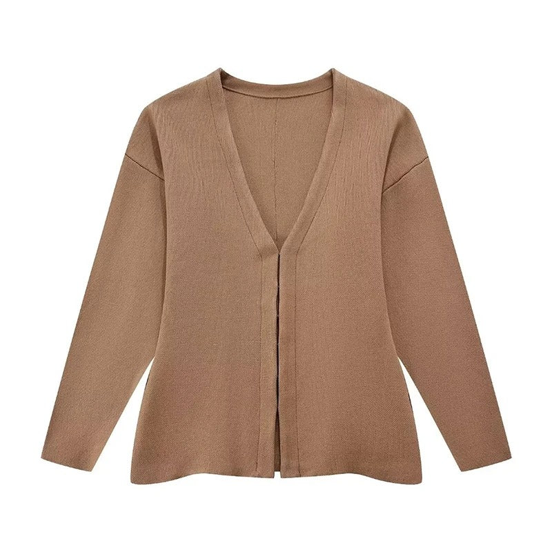 Women's Long Sleeve V-Neck Covered Button Cardigan and Mini Skirt Set 18