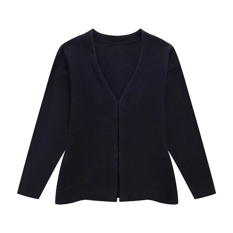 Women's Long Sleeve V-Neck Covered Button Cardigan and Mini Skirt Set 22