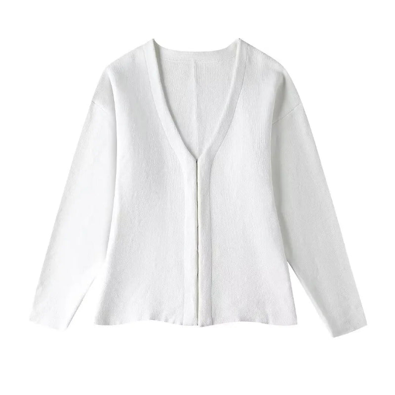 Women's Long Sleeve V-Neck Covered Button Cardigan and Mini Skirt Set 23