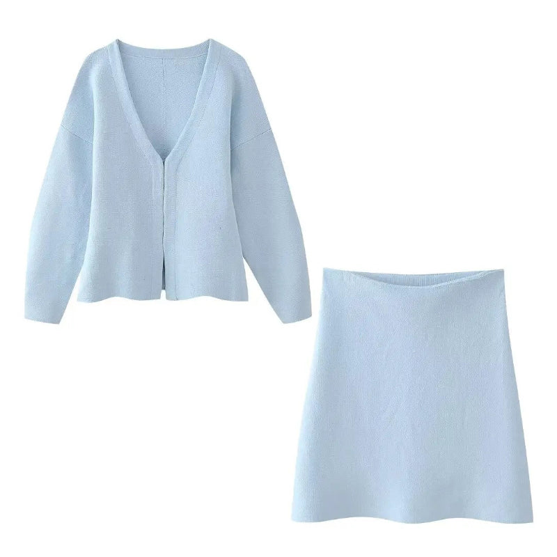 Women's Long Sleeve V-Neck Covered Button Cardigan and Mini Skirt Set 6