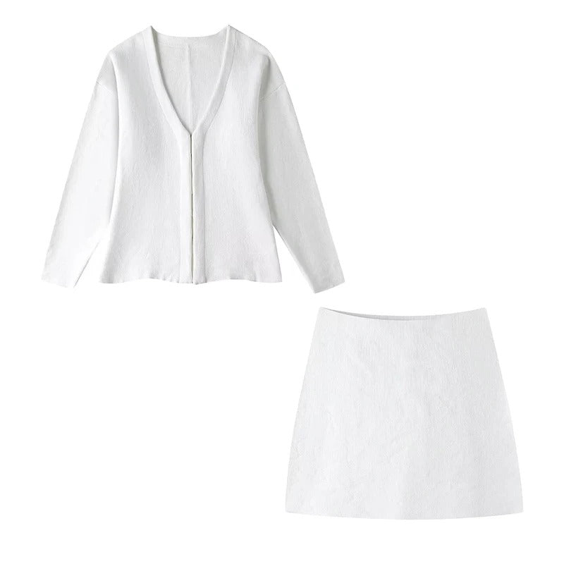 Women's Long Sleeve V-Neck Covered Button Cardigan and Mini Skirt Set 7