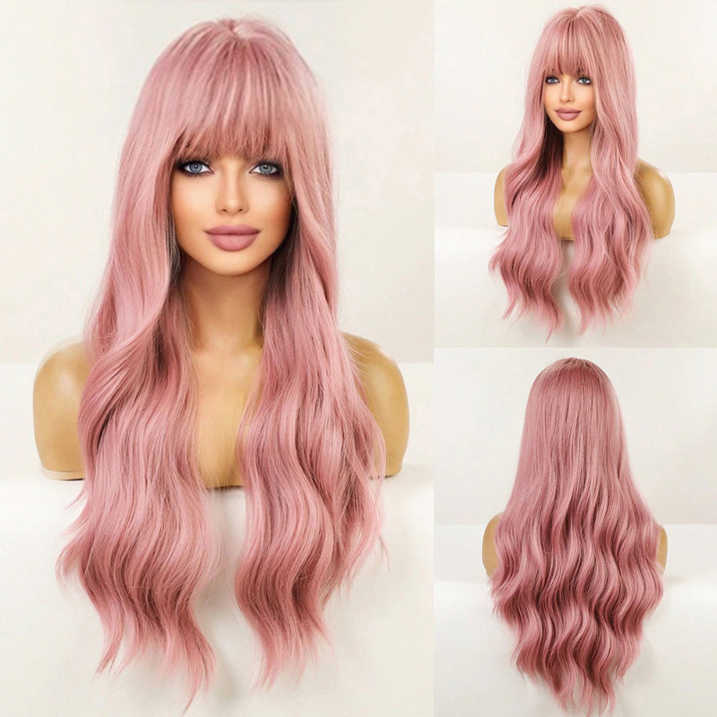 Women's Long Wavy Wig Pink High-Temperature Fiber with Bangs 0
