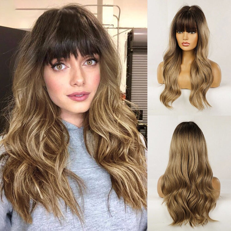 Women's Long Wavy Wig Pink High-Temperature Fiber with Bangs 10