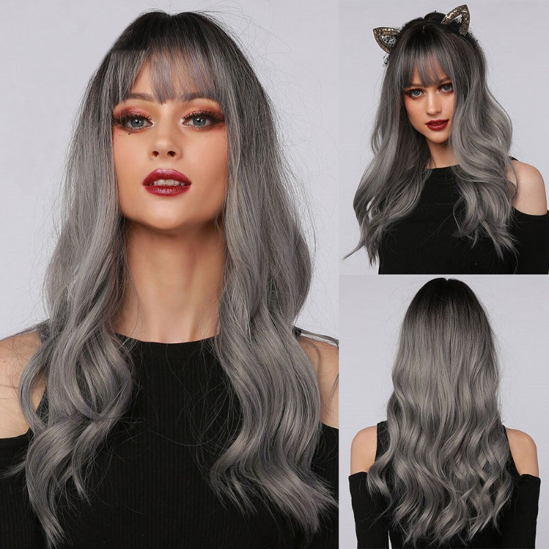Women's Long Wavy Wig Pink High-Temperature Fiber with Bangs 12