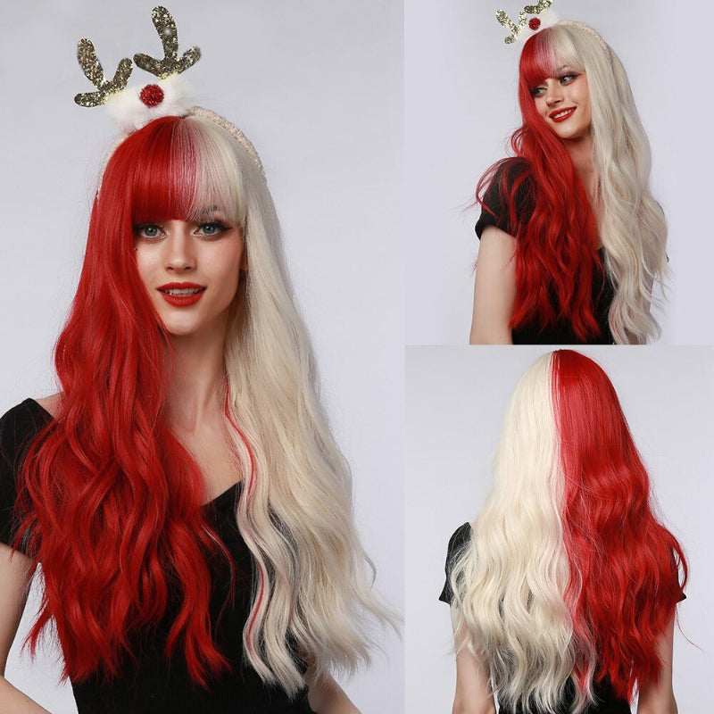 Women's Long Wavy Wig Pink High-Temperature Fiber with Bangs 13