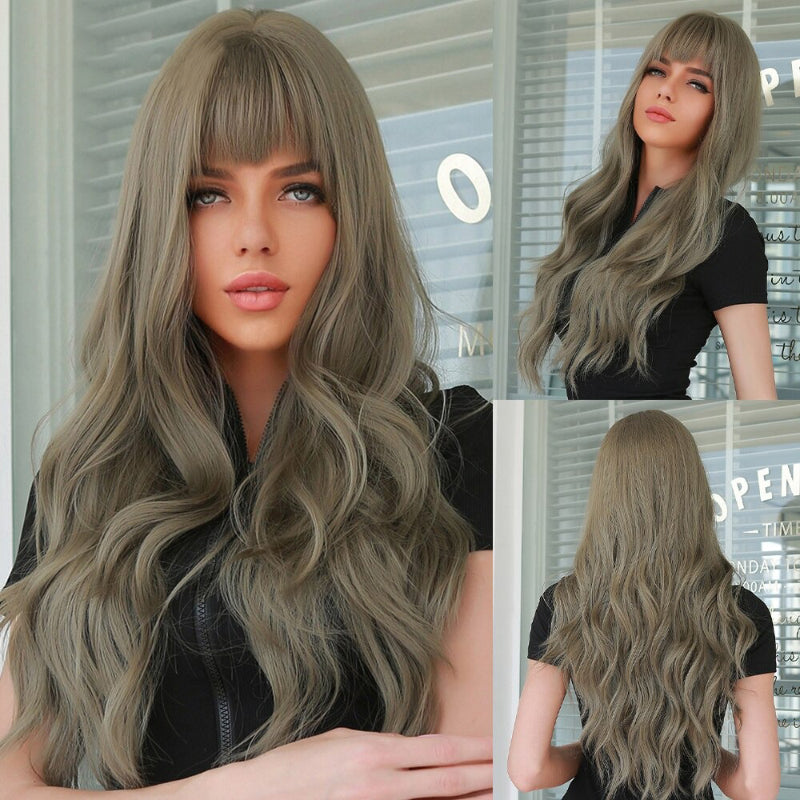 Women's Long Wavy Wig Pink High-Temperature Fiber with Bangs 14