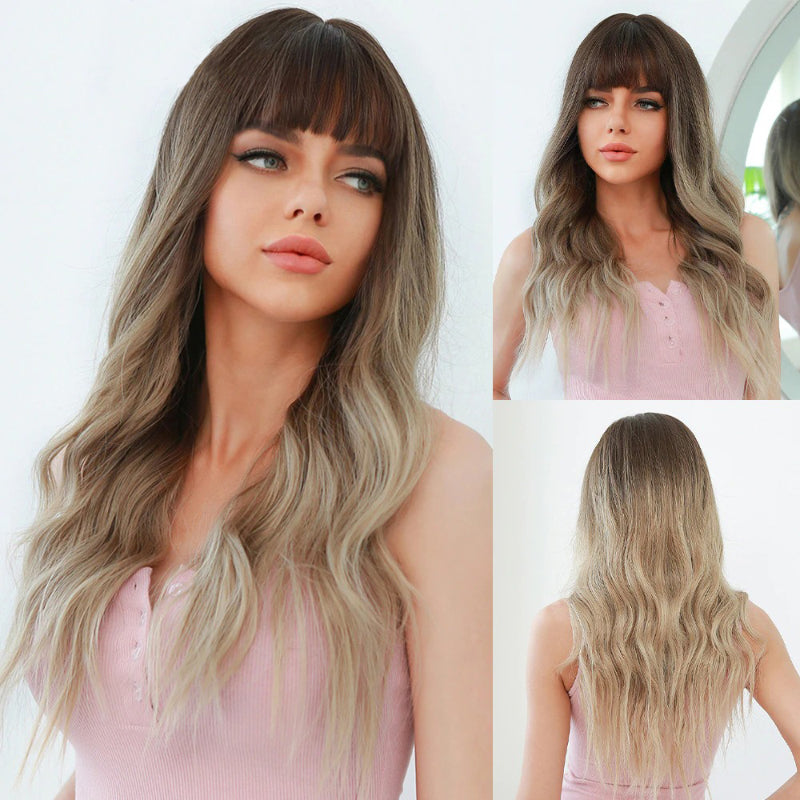 Women's Long Wavy Wig Pink High-Temperature Fiber with Bangs 15