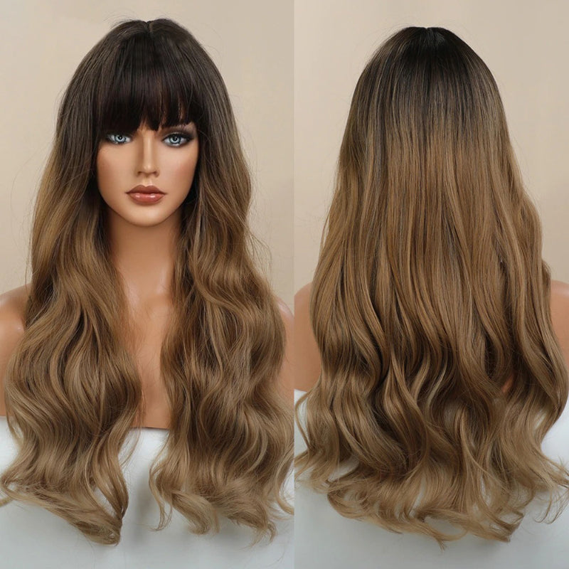 Women's Long Wavy Wig Pink High-Temperature Fiber with Bangs 16