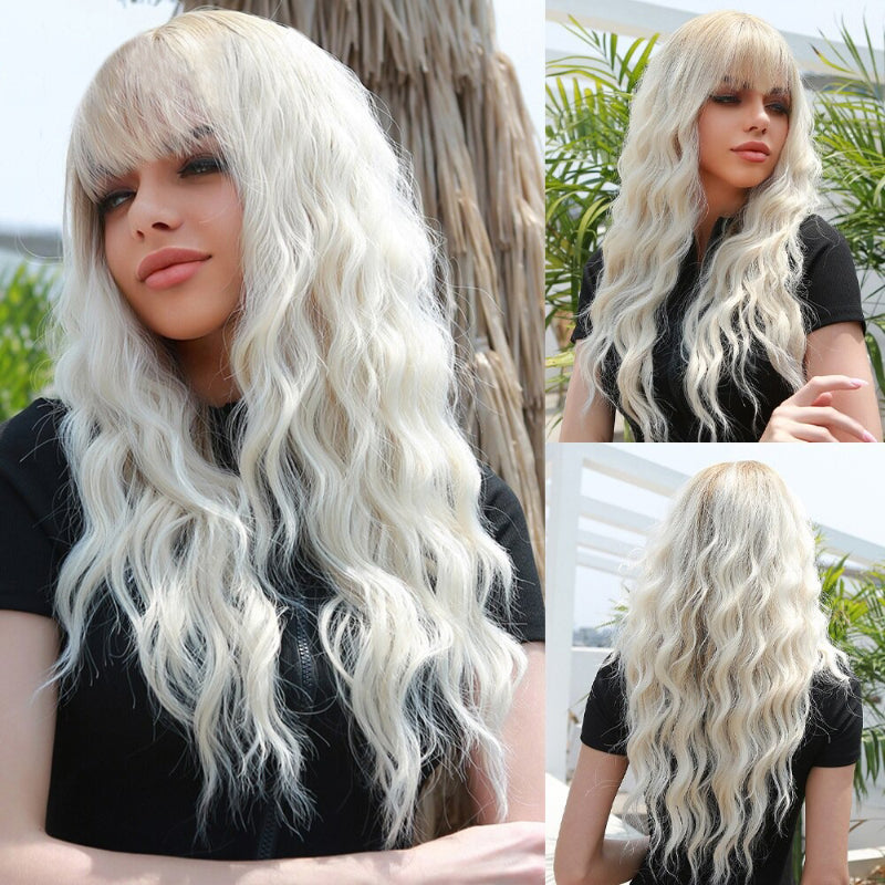 Women's Long Wavy Wig Pink High-Temperature Fiber with Bangs 19