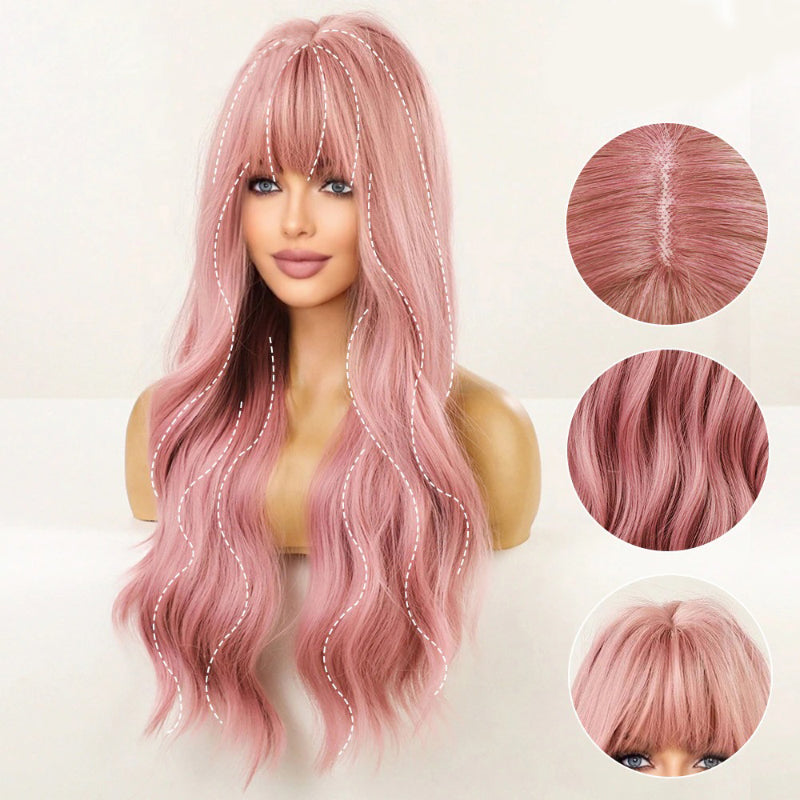 Women's Long Wavy Wig Pink High-Temperature Fiber with Bangs 2