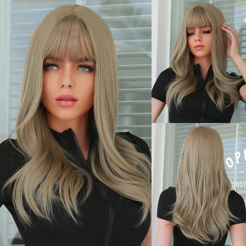 Women's Long Wavy Wig Pink High-Temperature Fiber with Bangs 22