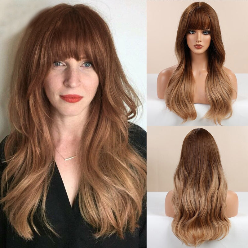 Women's Long Wavy Wig Pink High-Temperature Fiber with Bangs 23
